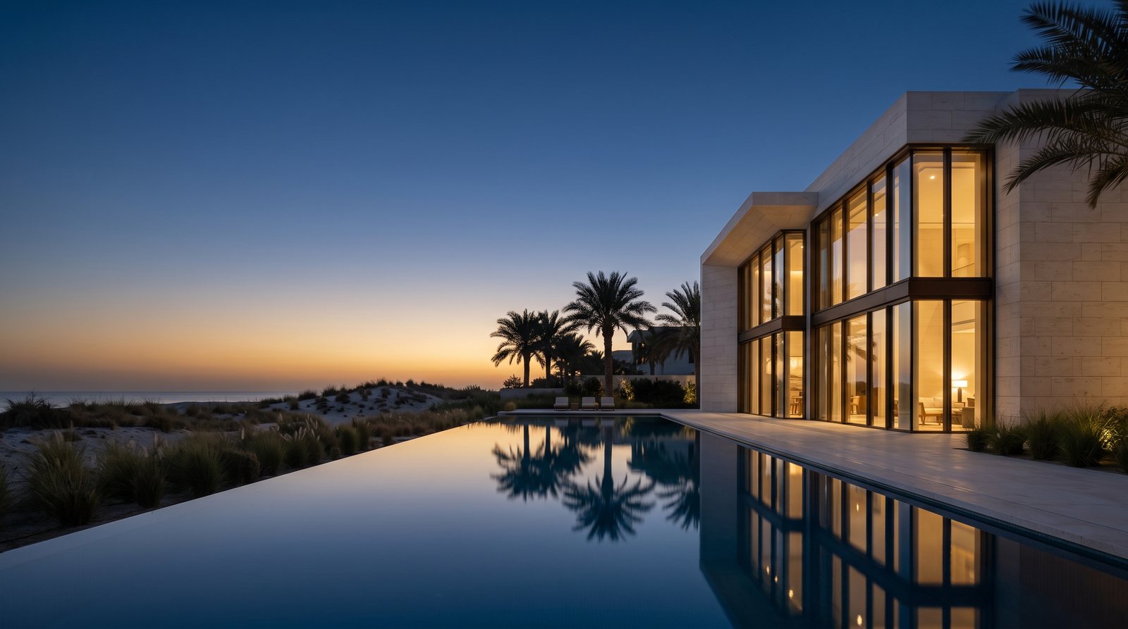 A limestone villa with lit windows beside an infinity pool at dusk.